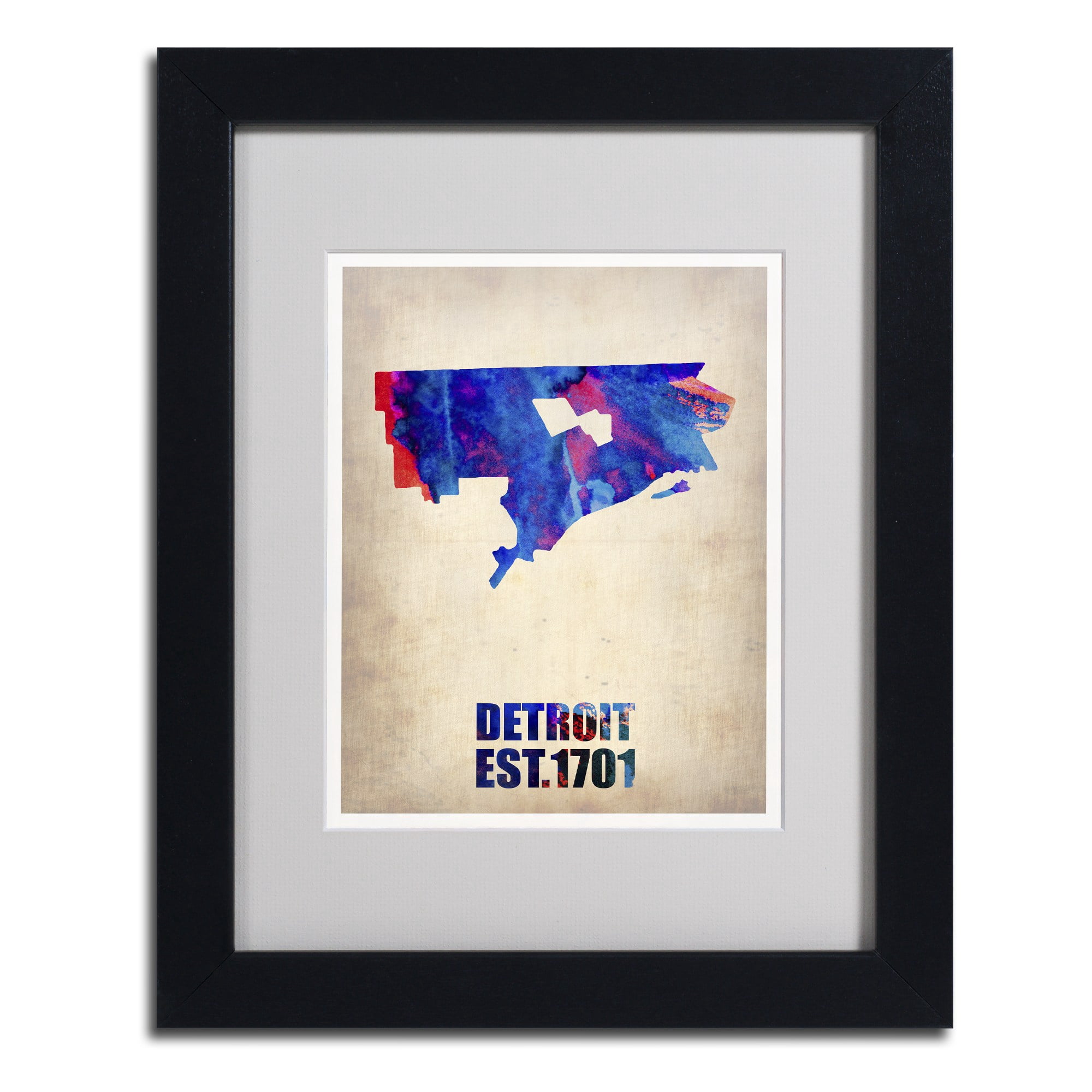 Trademark Fine Art "Detroit Watercolor Map" Matted Framed Art by Naxart, Black Frame
