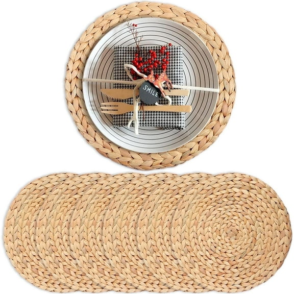 Round Woven Placemats Set of 4,NOGIS Boho Natural Water Hyacinth Weave Placemat Round Braided Large Woven Placemats Rattan Tablemats for Dinner, Decor(10" Round)