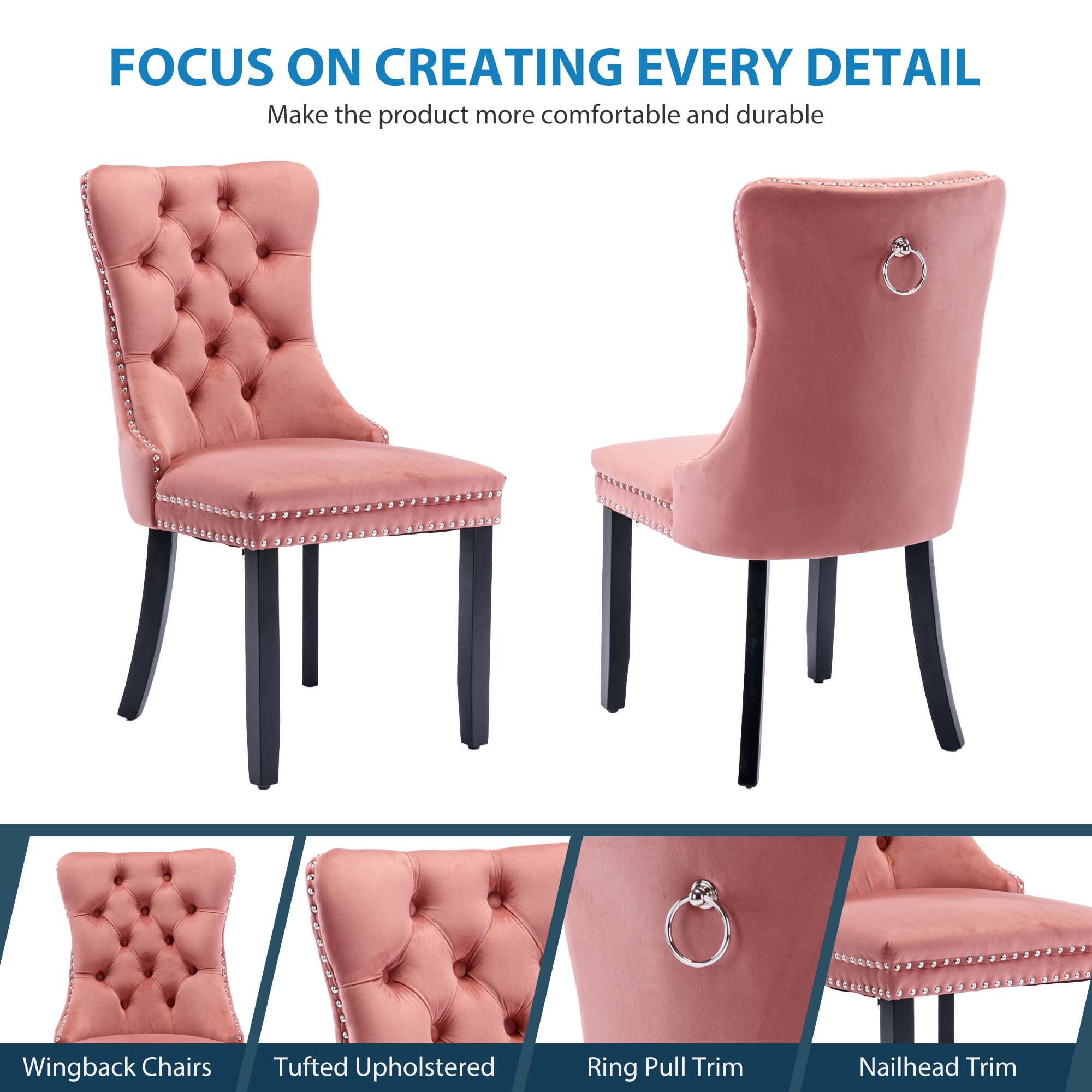Aukfa High-End Upholstered Dining Chairs Set of 2, Modern Tufted Solid Wood Side Chair with Nailhead Trim - Pink