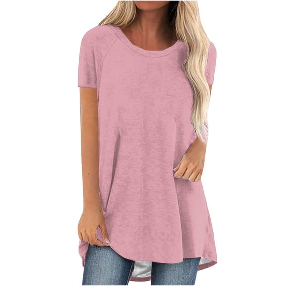 Xuhomer Summer Tops For Women Flowy Long Shirts Solid Color Crew Neck Long Tunics Or Tops To Wear With Leggings Short Sleeve Blouses Shirts