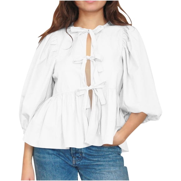 QIPOPIQ Women Bow Tie Front Shirt Top Cute Puff Sleeve Y2K Peplum Ruffle Babydoll Blouse Lace Up Summer Going Out Clearance