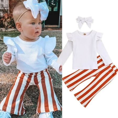 

Hunpta Toddler Kids Baby Girls Long Sleeve Ribbed Ruffle T Shirt Tops Striped Flared Pants Headband 3PCS Outfits Clothes Set