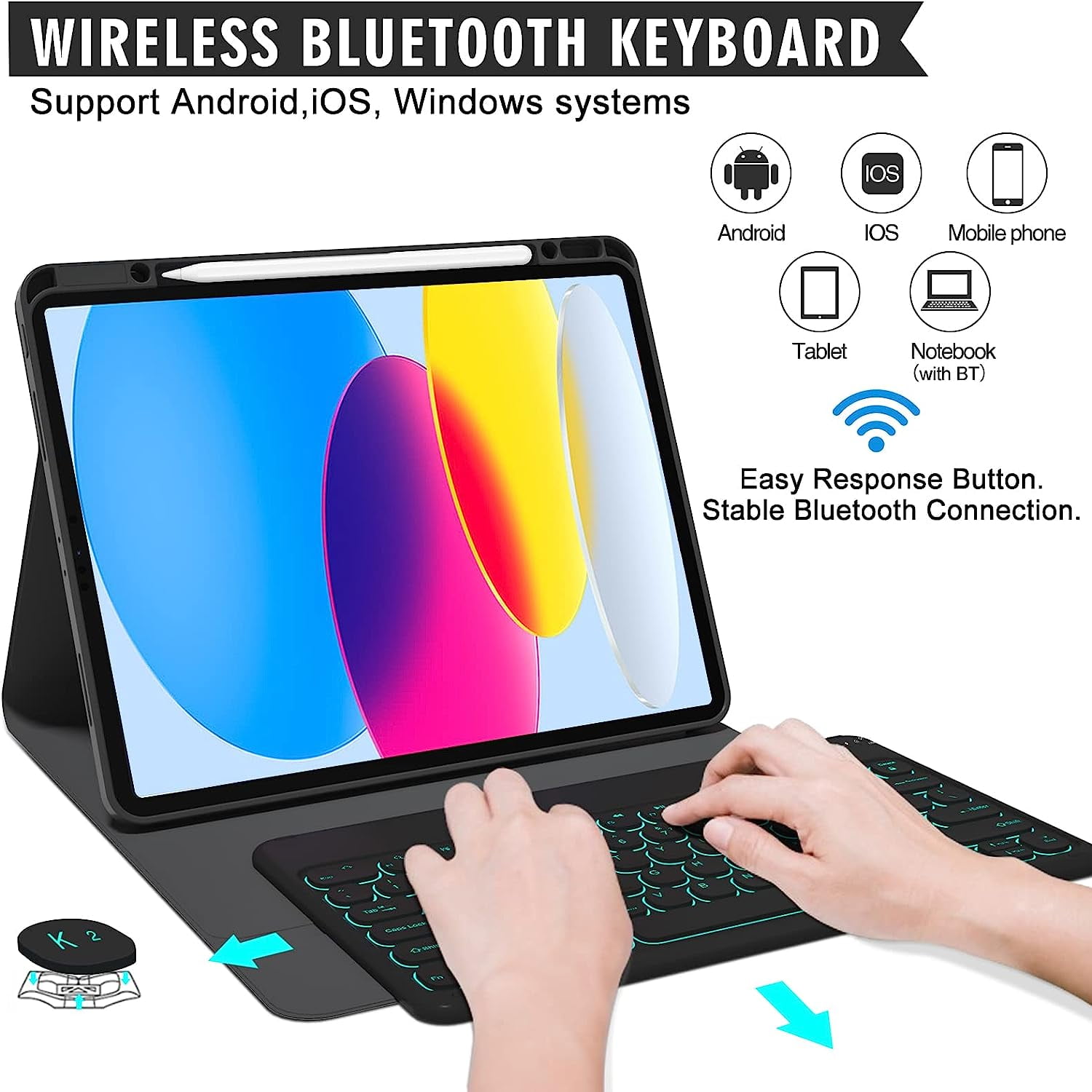 Vinci iPad (A16) 11th 10th Generation Case with Keyboard, 7-Color Backlit Wireless Detachable Folio Keyboard Cover with Pencil Holder for 11'' iPad A16 2025 10.9 Inch 10th 2022 (Black)