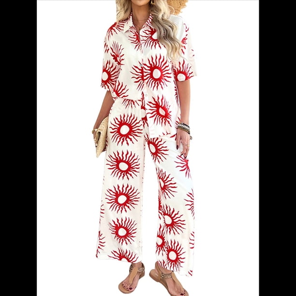 Conjunto de 2 Piezas de Chándal de Verano para Playa con Camisa de Corta y Botones para Mujer, Top Estampado, Pantalones Cortos de Descanso Girasol XL