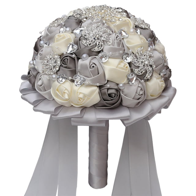 1 pieza de ramo de novia para boda, ramo de flores para boda, ramo de novia para novia (blanco + plata + gris oscuro)