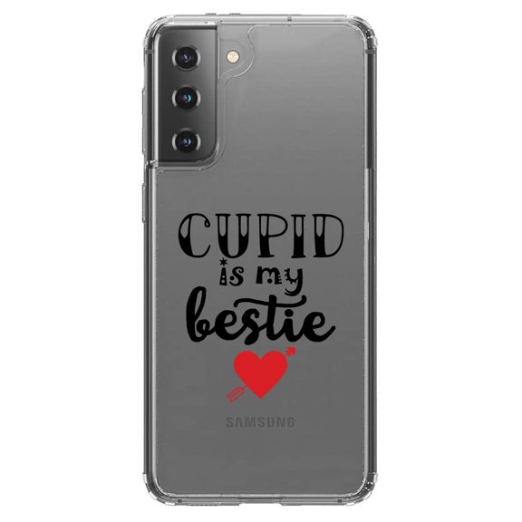 DistinctInk Clear Shockproof Hybrid Case for Galaxy S21 5G (6.2" Screen) - TPU Bumper Acrylic Back Tempered Glass Screen Protector - Cupid is My Bestie - Heart - Valentine