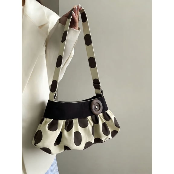 PRIYAL Polka Dot Hobo Bag for Women Y2K Retro Aesthetic Shoulder Bag Pleated Button Decor Slouchy Bags Everyday Purse