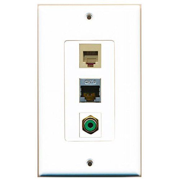 RiteAV - 1 Port RCA Green and 1 Port Phone RJ11 RJ12 Beige and 1 Port Shielded Cat6 Ethernet Decorative Wall Plate Decorative