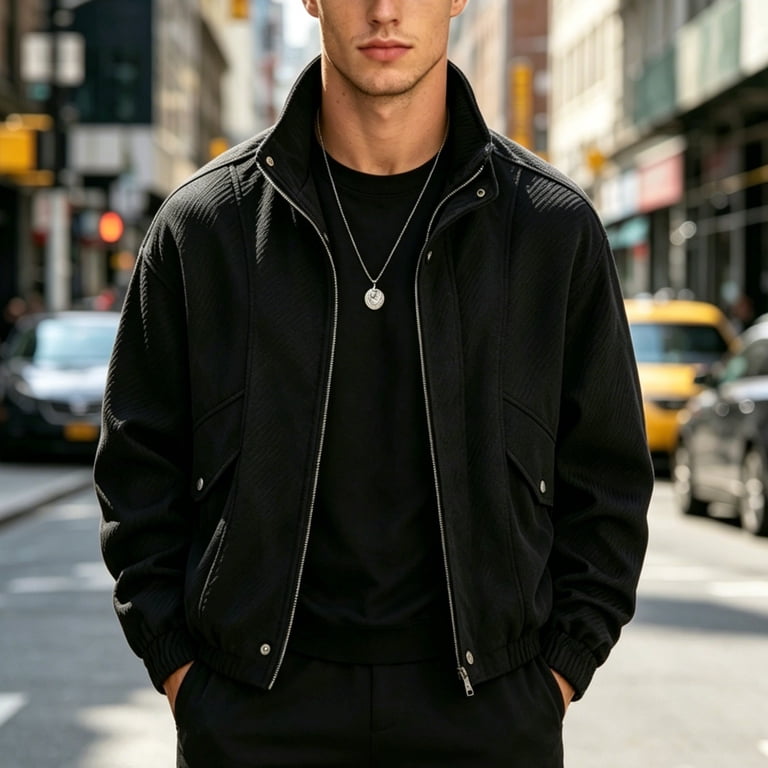 Men Stand Collar Zip Up Jacket, Loose Cropped Bomber Coat with Men Stand Collar Zip Up Jacket, Loose Cropped Bomber Coat with