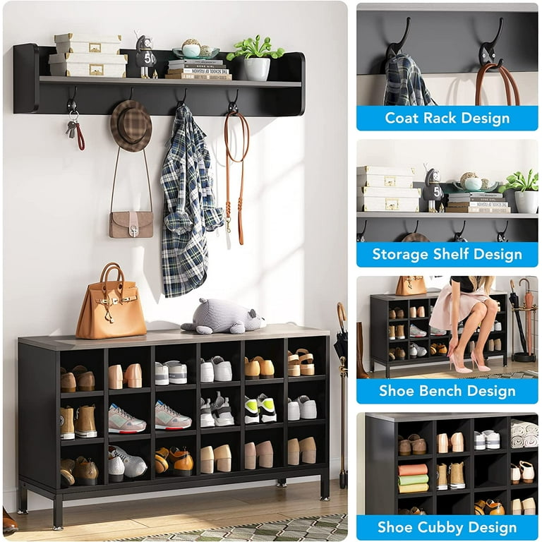 Entryway Shoe Bench 18-Cube Shoe Storage Organizer with Wall Mounted Coat  Rack