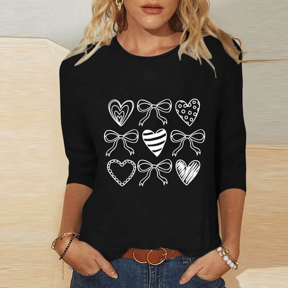 Ailaofu Womens 3/4 Sleeve Crew Neck Valentine T Shirts Love Heart Printed Graphic Tee Tops
