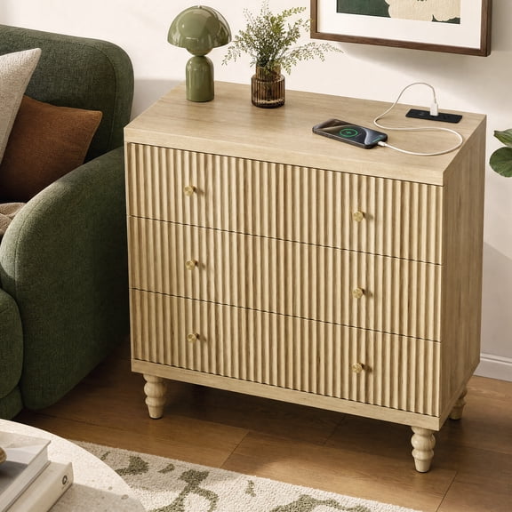 Bestier 3 Drawer Dresser with Charging Station, Modern Fluted Wood Storage Cabinet for Living Room, Chest of Drawers with Gold Handles, Tall Dresser for Hallway, Entryway & Home Office, Natural Oak
