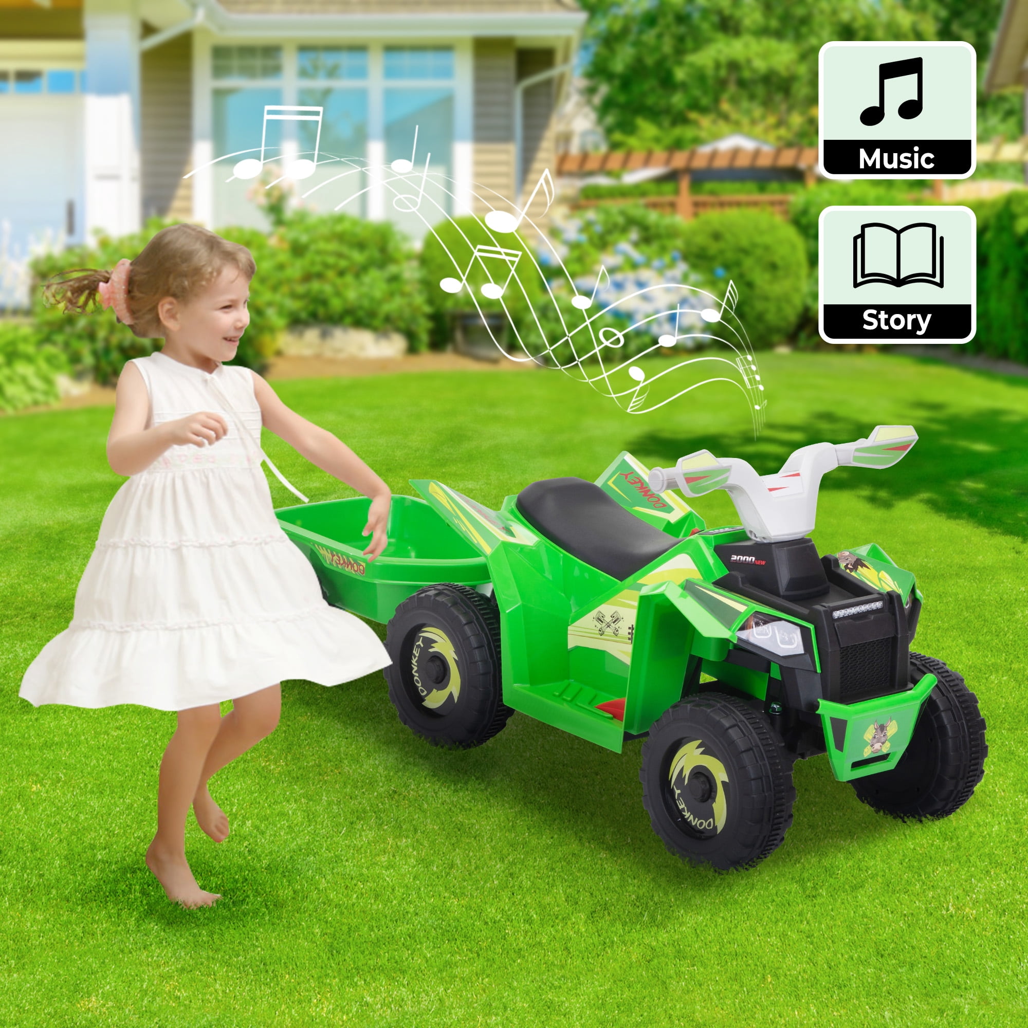 Jaxpety Kids ATV, 6V 4 Wheeler Electric Quad Car Ride on Toys with Trailer, Bluetooth, Music, Horn, Green