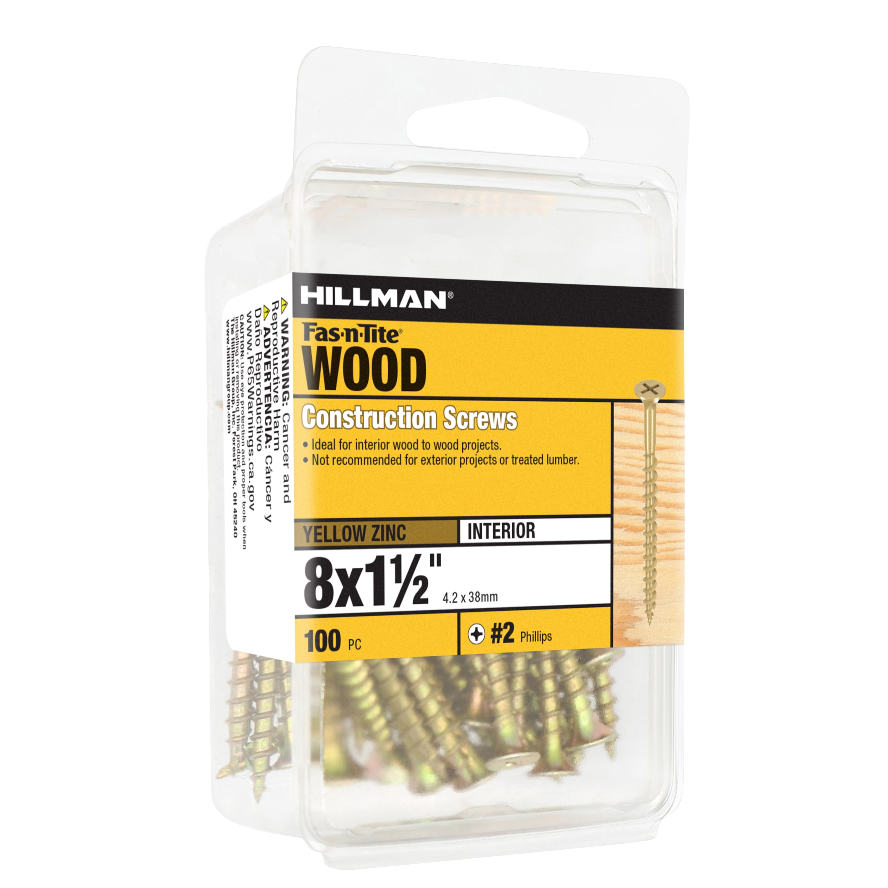 Fas-n-Tite Wood Construction Screws, #8 x 1-1/2", Steel, Yellow Zinc Finish, Interior, Flat Phillips, Gold, 100 pack