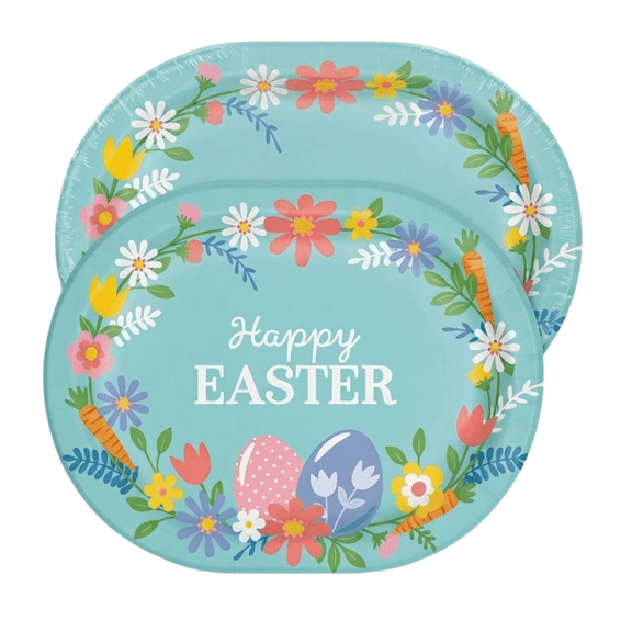16 pcs Easter Floral Cottage Oval Paper Plates, Disposable Spring Serving Platters, 10 x 12 in, Super Strong & Soak Proof