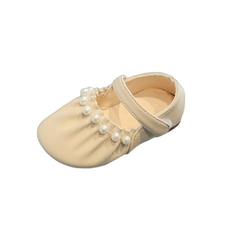

Daeful Kids Mary Jane Sandals Closed Toe Flats Pleated Dress Shoes Wedding Lightweight Comfortable Pearl Princess Shoe Beige 7C