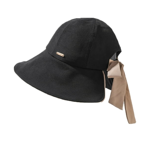 Sombrero de ala ancha para mujer - Con agujero para coleta y adorno de lazo. Gorra de playa con protección UPF 50+.