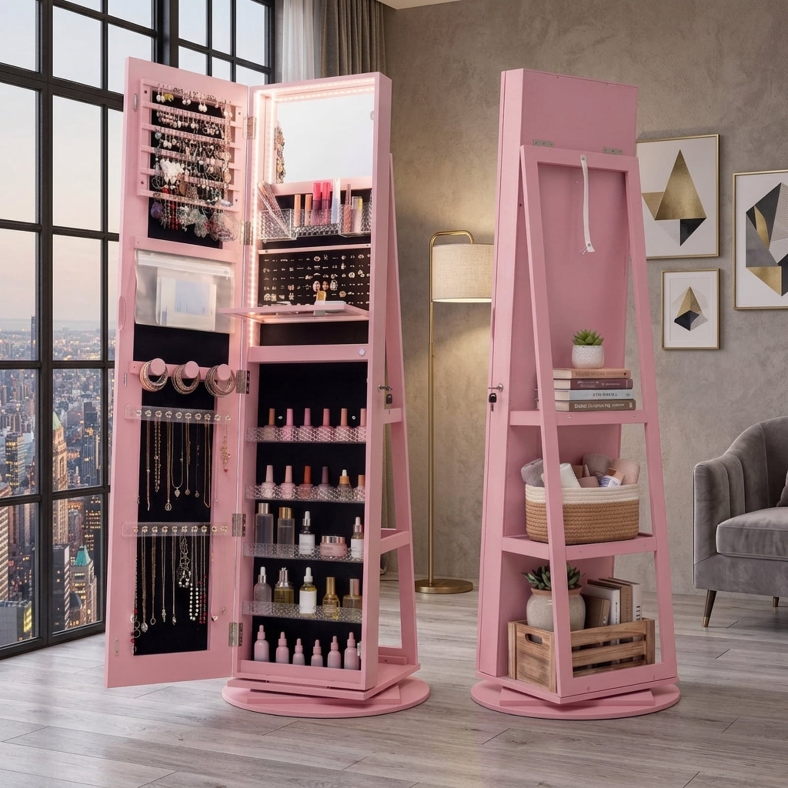 Furnibear Standing Jewelry Cabinet with Adjustable LED Lights for Bedroom Dressing Room Jewelry Necklace Rings Storage Mirror, Pink