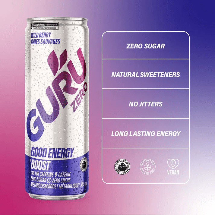 GURU Organic Energy Drink, Sugar Free, Sugar Free, Wild Berry, 355ml can, A juicy and bold berry blend. Wild energy with zero sugar and zero artificial flavours. 355ml can.