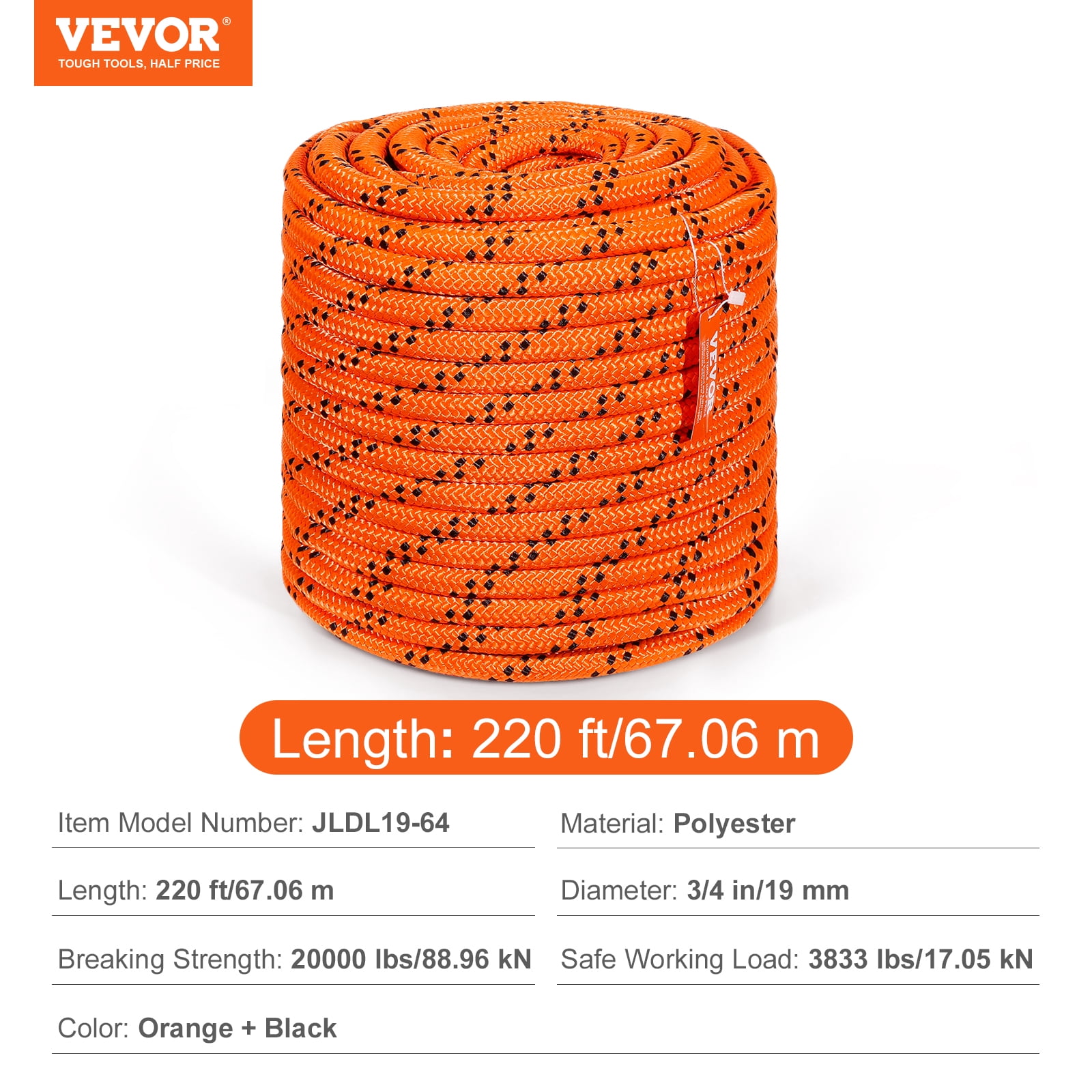 VEVOR Double Braided Polyester Rope, 3/4 in x 220 ft, 24 Strands, 12700 LBS Breaking Strength Outdoor Rope, Arborist Rigging Rope for Rock Hiking Camping Swing Rappelling Rescue, Orange/Black