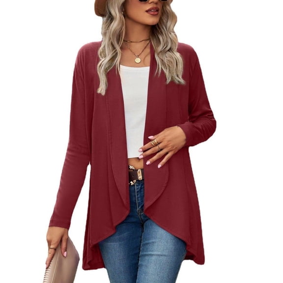 Cardigan Sweaters for Women 2024 Fall Long Sleeve Knit Sweater Open Front Cardigan Loose Pullover Outerwear Tops Comfy (Wine Red,Small)