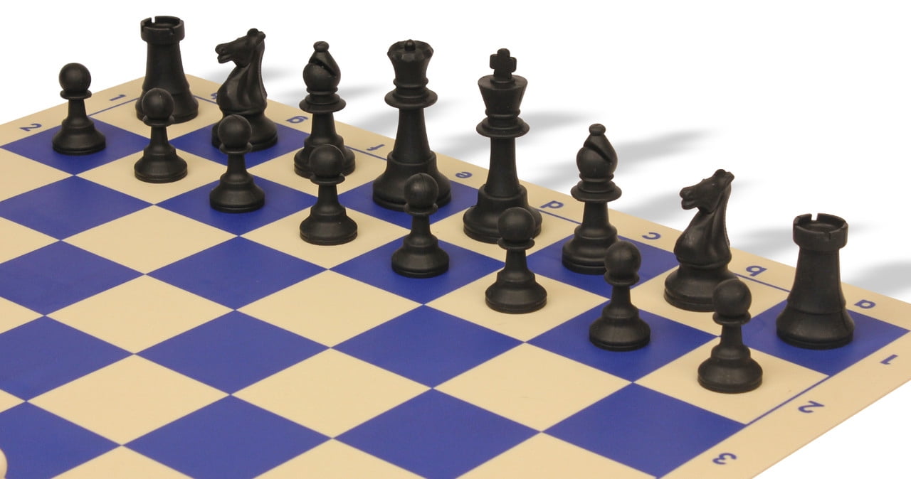 Club Special Silicone Chess Set Black & Ivory Pieces with Blue & Buff Silicone Board - 3.5" King