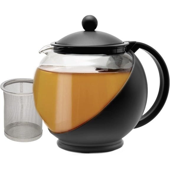 Half Moon Teapot with Removable Infuser, Glass Tea Maker with Reusable Fine Mesh Stainless Steel Filter, Dishwasher Safe, 40-Ounce, Black