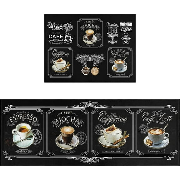 Black Coffee Kitchen Rugs and Mats Set of 2 Coffee Cup Latte Mocha Art Decoration Non Slip Super Absorbent Kitchen Sink Mats Waterproof and Washable Runner Rugs for Laundry Room 17"x24"/17"x48"