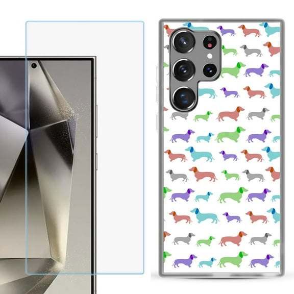 For Samsung Galaxy S25 Ultra 5G Phone Case Cover with Tempered Glass Screen Protector, by OneToughShield - Colorful Dachshund/Puppy
