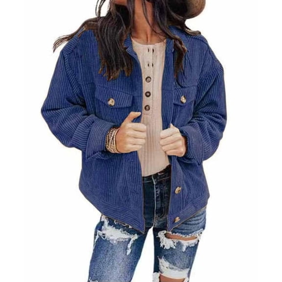 Yokua Women's Casual Lapel Loose Button Down Long Sleeve Corduroy Jacket with Pockets