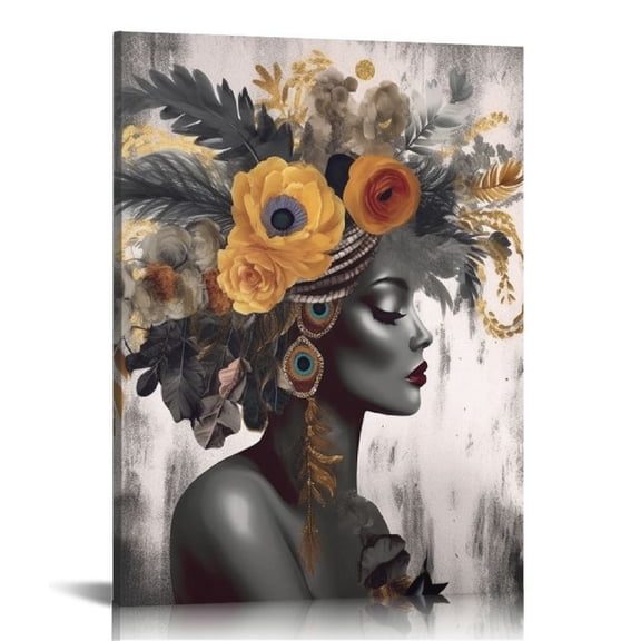 COMIO Black Woman Wall Art Decor Painting Pictures Print On Canvas, Flower on Girl's Head Framed Canvas Wall Art for Home Decoration Living Room Bedroom Artwork 16x20in