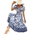 thumbnail image 2 of Women'S 2025 Summer Puff Sleeves Boho Floral Print Casual Flowy Long Maxi Dress Blue L, 2 of 7