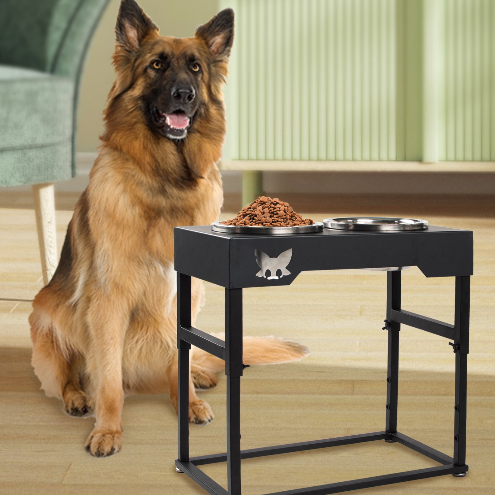 KITGO Metal Elevated Dog Bowl with Two Stainless Steel Dog Bowls, Adjustable Height Pet Feeder, 3 Height Adjustable, Raised Dog Food Bowls for Small, Medium, and Large Dogs, Black