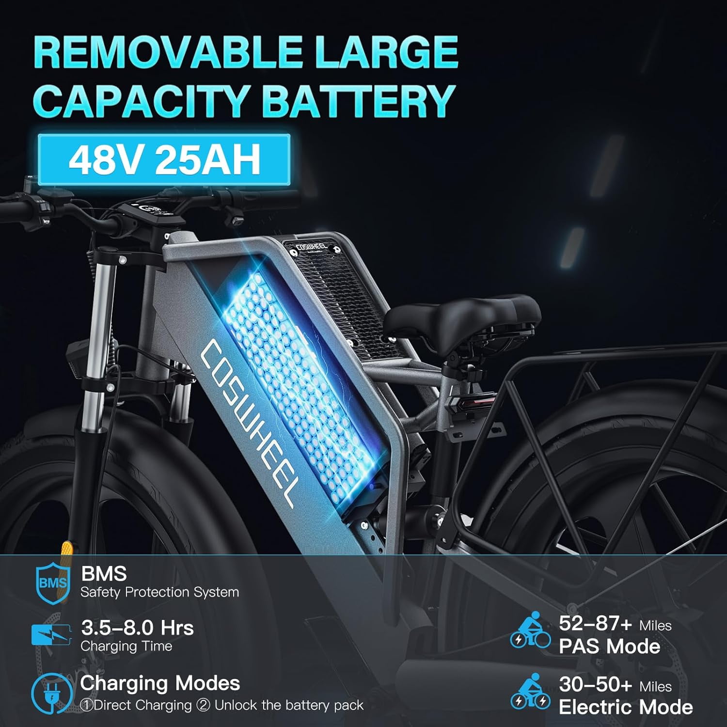 48V/25Ah Removable Battery COSWHEEL T26 Electric Bike for Adults,Electric bicycles 1500W Motor UP to 31MPH & 87 Miles, Off Road Electric Dirt Bike with 7-Speed, 26" x 4.0 Fat Tire Full Suspension