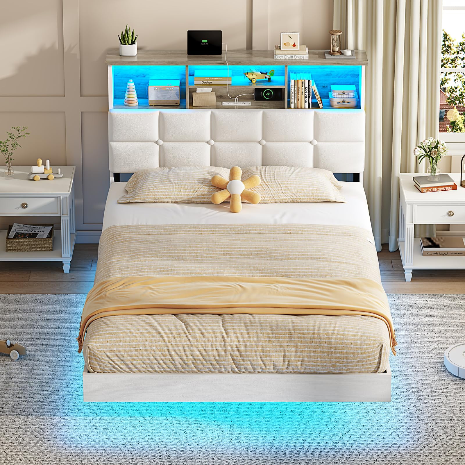 Floating Bed Frame Twin Size with Headboard and Storage, Upholstered Twin Platform Bed Frame with USB & Type C Charging Station and LED Lights, Hidden Storage, No Box Spring Needed, White
