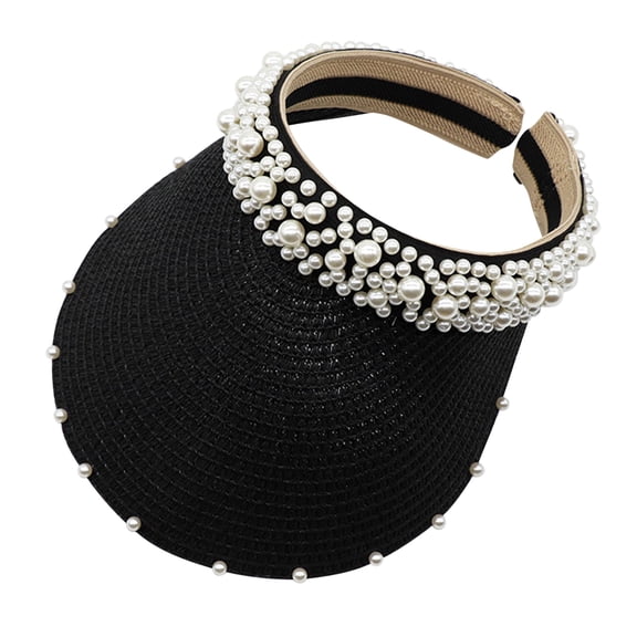 Yigetop Beach Visor Women's Pearl Headband Hairpin Hat Sunscreen Sunshade Woven Hollow Sunhat Straw Visors for Women Black One Size