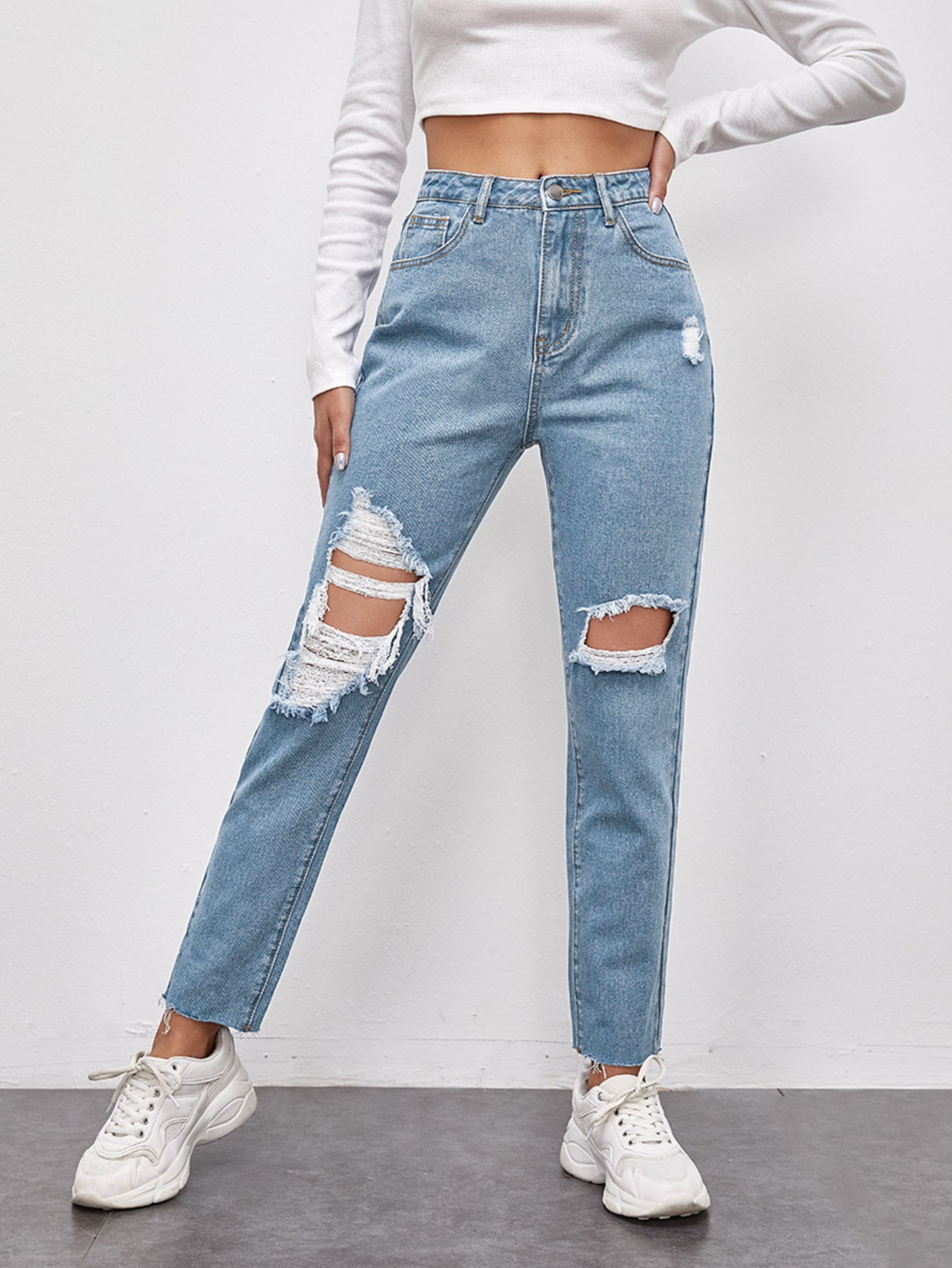 Women's High Waist Raw Hem Ripped Mom 