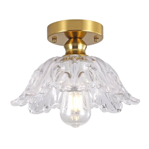 Vintage Flush Mount Ceiling Light, Brass Finish, Clear Embossed Glass E26 Lighting