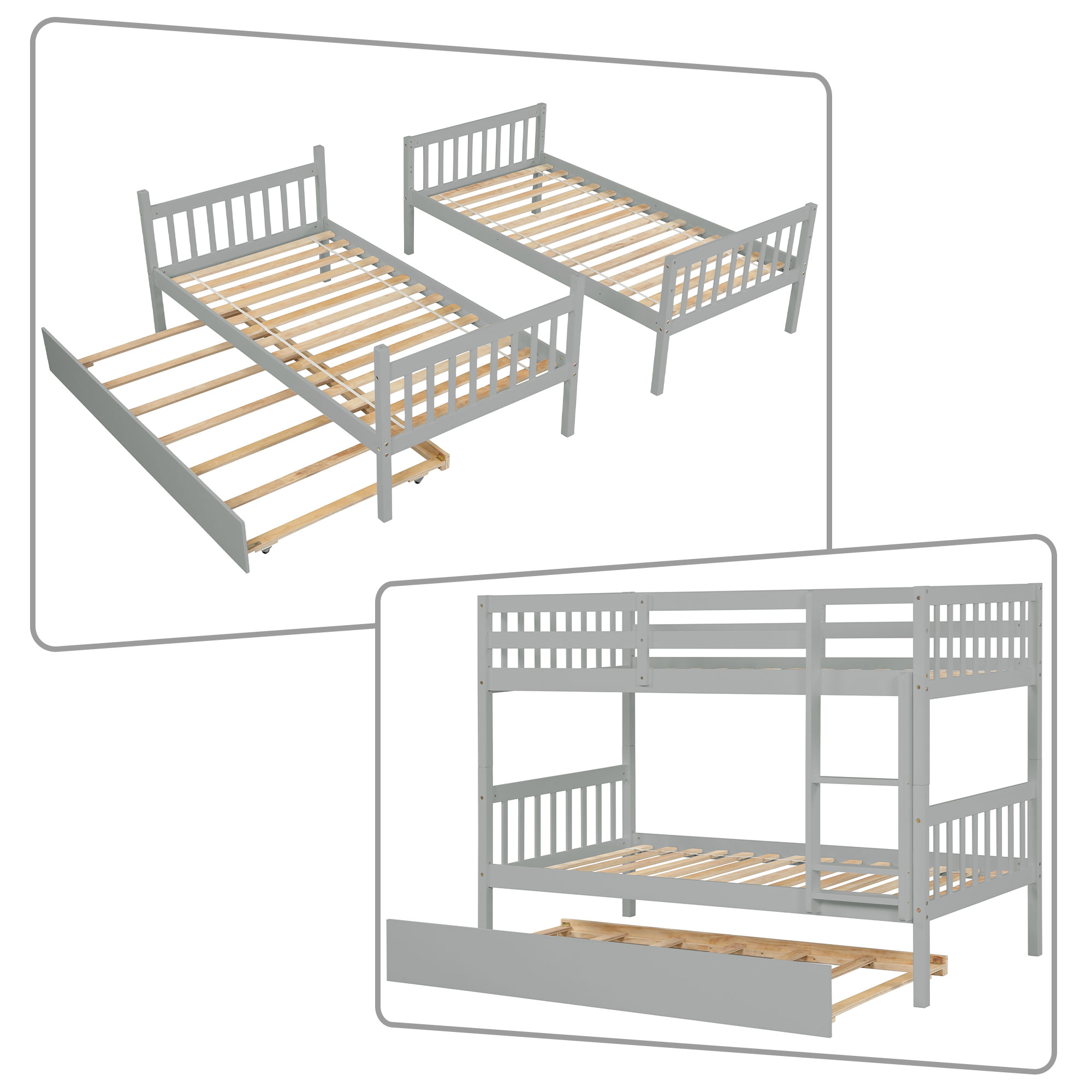 Modern and Minimalist Style Twin Size Wooden Bunk Bed with Ladder and A Trundle, Grey - image 2 of 5