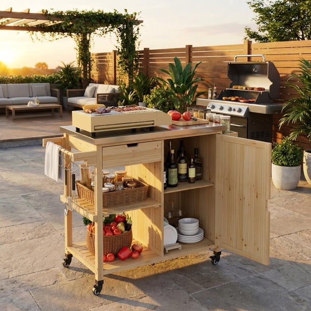 QinaQin Carrito de cocina exterior de madera con cubierta de acero inoxidable, gabinete, cajón, repisas abiertas y ruedas con seguro para asador o prep