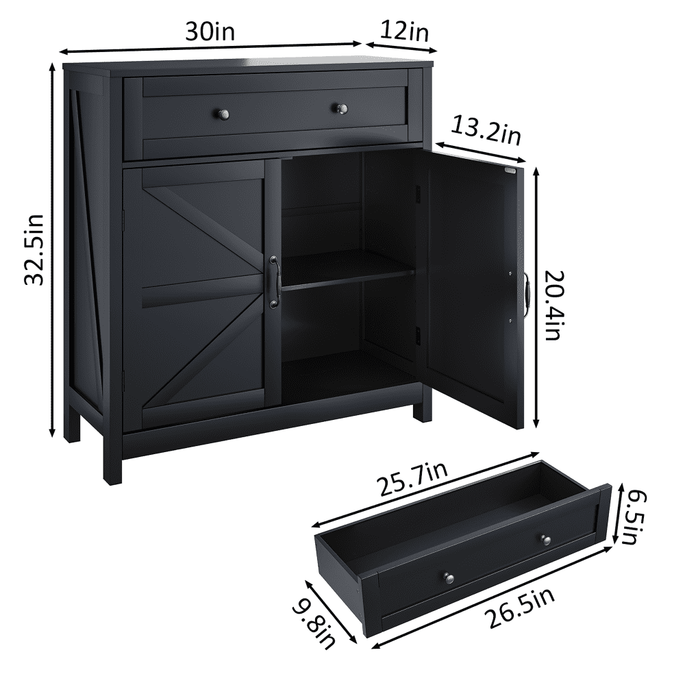 Oufan Farmhouse Storage Cabinet with Drawer and 2 Doors, Adjustable Shelf Freestanding Kitchen Pantry Cabinet, Modern Coffee Bar Console Cabinet for Kitchen,Living Room,Bedroom, Black