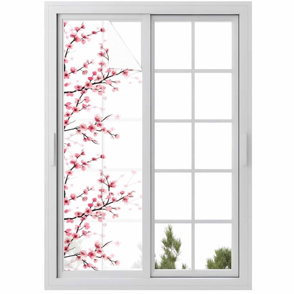 Window Privacy Film Cherry Blossom Stained Glass Window Film Decorative Sun Block Window Cover Spring Pink Floral Branches Watercolor Window Clings Static Adhesive Sticker for Bathroom 17.7"x78.7"