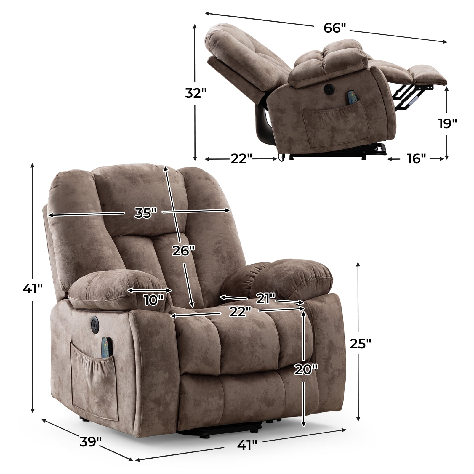 Ebello Large Power Lift Recliner Chair with Heat Massage, USB Ports - Ergonomic Recliner Chair for Elderly, Light Brown
