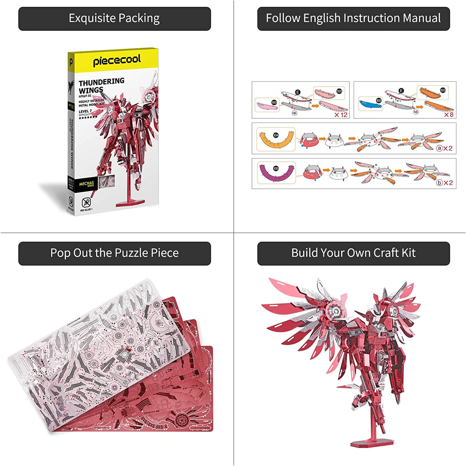 Piececool 3D Metal Puzzles for Adults, Thundering Wings Figure Mecha Model Kits Stee Building Blocks, Brain Teaser DIY Learning Toys for Teens Man Woman, 215 Pcs