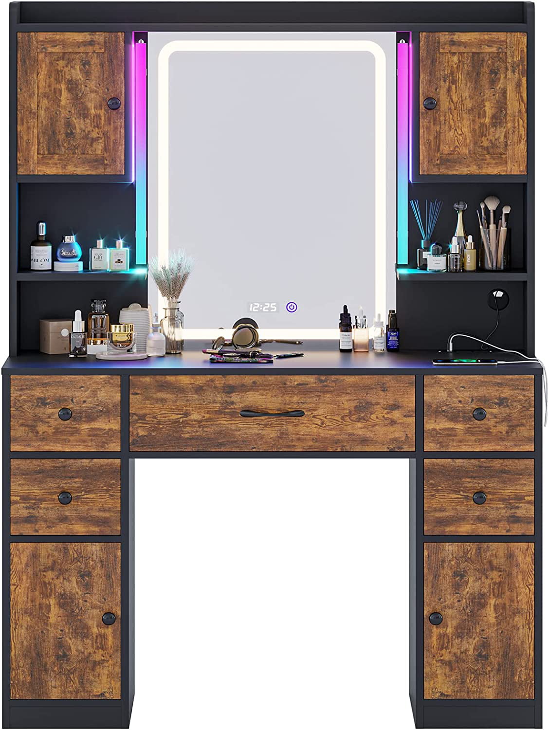 Tiptiper Large Makeup Vanity with Lights, Vanity Table with Charging  Station Vanity Desk with Mirror and 10 LED Light Bulbs, Makeup Table with 5