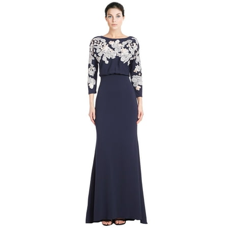Badgley Mischka Cutout Lace Blouson 3/4 Sleeve Evening Gown Dress