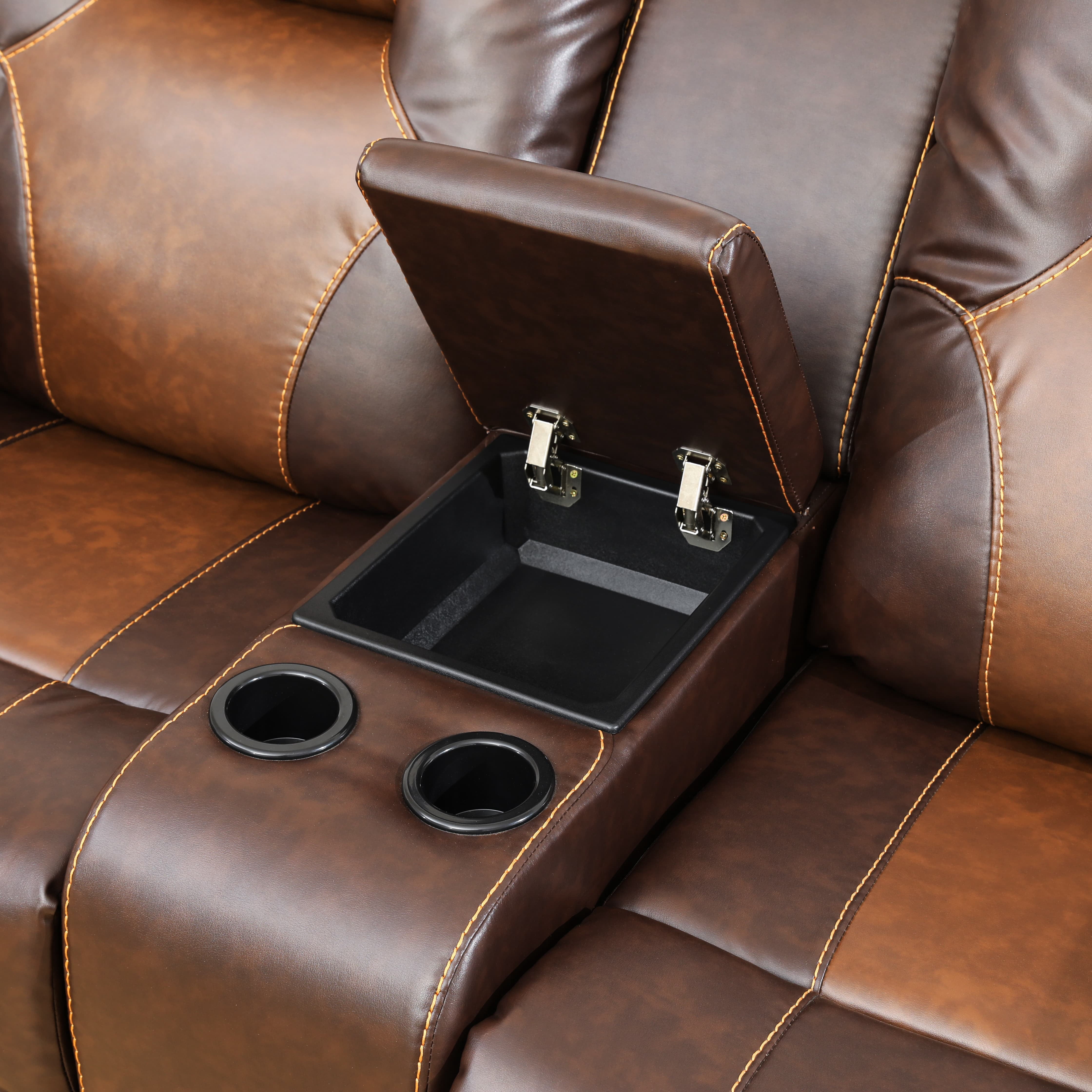 MAYEERTY Reclining Loveseat, 2-Seat Breathable Leather Recliner with Storage & Cup Holders for Living Room, Brown