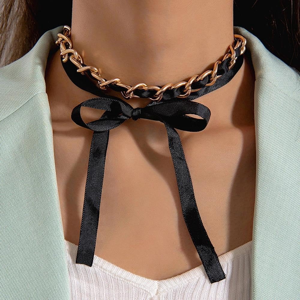 Black Long Ribbon Bow Choker Necklace for Women,Chunky Long Fabric Chain Lace Up Necklace Unique Neck Jewelry
