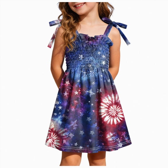 CAUYDY 4th of July Kids Outfit Toddler Girls Dresses Baby Independence Day Dress Children Girls' American Flag Print Clothes 1T 2T 3T 4T 5T 6T (Sizes 5-6 Years,Navy)