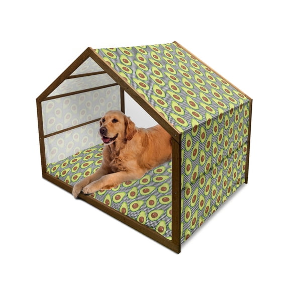 Avocado Pet House, Pattern with Delicious Vegan Elements on Monochrome Zigzag Background Print, Outdoor & Indoor Portable Dog Kennel with Pillow and Cover, 5 Sizes, Black Brown Green, by Ambesonne